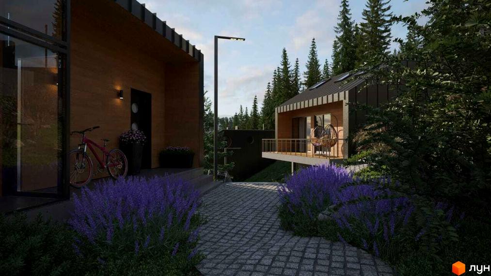 Котеджне містечко LISNOVA: дерев'яний будинок з балконом та підвісним кріслом, велосипед біля входу, лавандові кущі та бруківка.