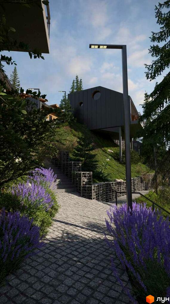 Котеджне містечко LISNOVA: сучасний будинок на схилі пагорба з лавандою та бруківкою.