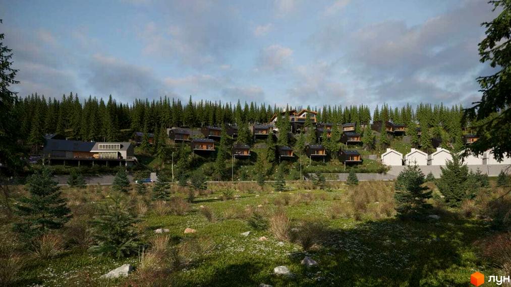 Котеджне містечко LISNOVA: сучасні будинки на схилі гори серед лісу. На території комплексу розташовані котеджі та зона відпочинку.