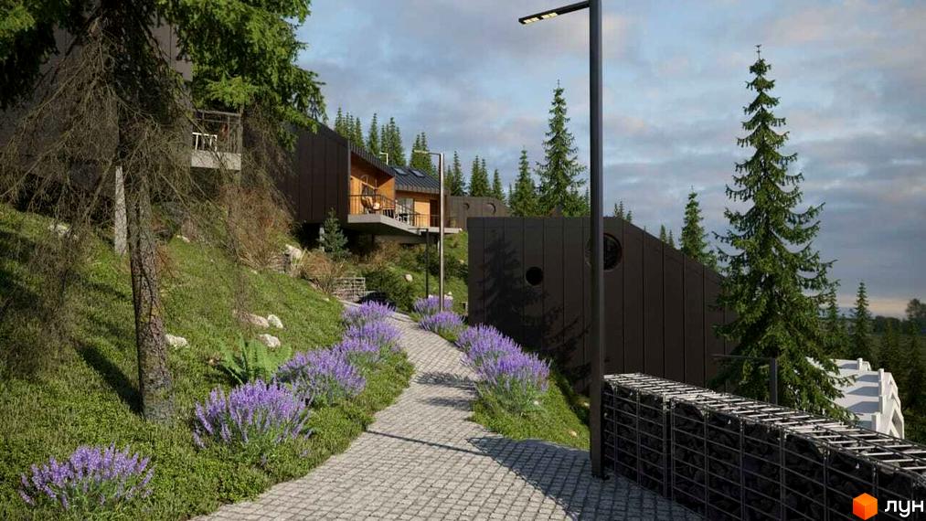 Котеджне містечко LISNOVA: сучасні будинки на схилі гори, оточені смереками, з доглянутою територією та квітковими клумбами.