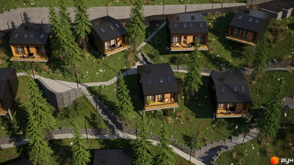 Котеджне містечко LISNOVA: сучасні будинки з чорними дахами на схилі гори, оточені соснами та доглянутими доріжками.