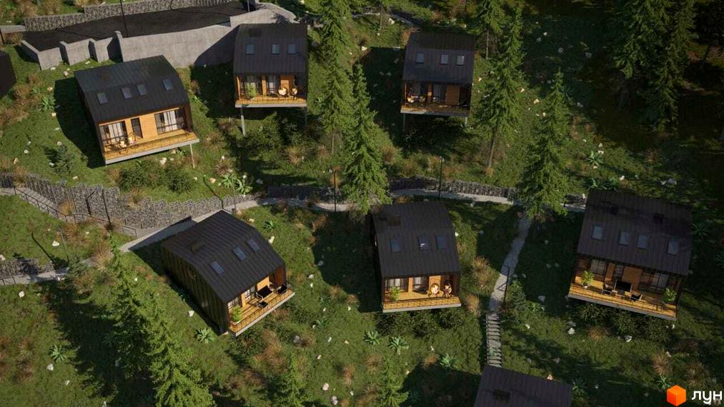 Котеджне містечко LISNOVA: сучасні котеджі на схилі гори серед сосен з терасами та панорамними вікнами. Територія комплексу облаштована доріжками та освітленням.