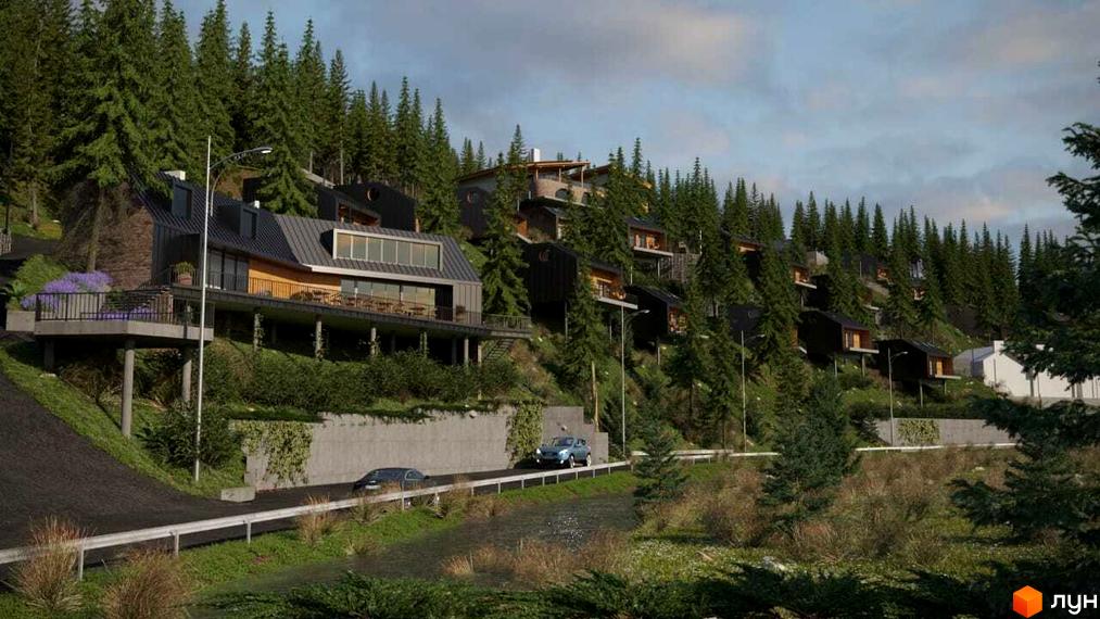 Котеджне містечко LISNOVA розташоване на схилі гори серед хвойного лісу. На території комплексу знаходяться сучасні будинки з терасами та балконами, а також облаштована прибудинкова територія з дорогою та зеленню.