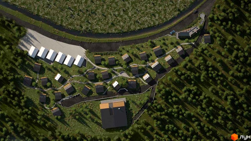 Котеджне містечко LISNOVA: вид зверху на затишні будиночки серед дерев та доріжки. На території розташовані білі модульні будинки та головна будівля з темним дахом.