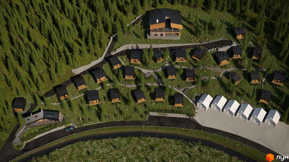 Котеджне містечко LISNOVA - вид зверху на котеджі та головну будівлю серед лісу. Територія комплексу з дорогою та зеленими насадженнями.