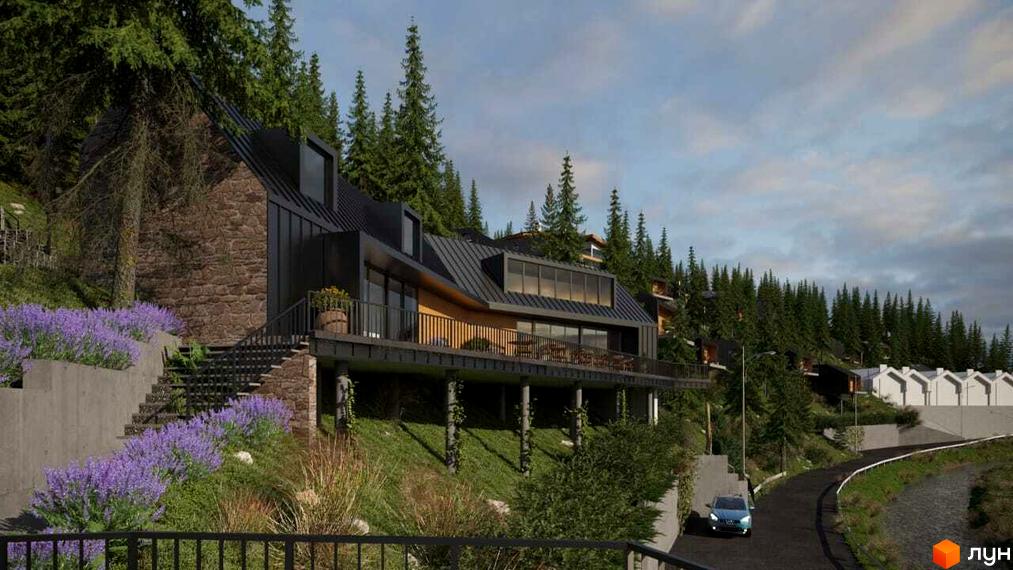 Котеджне містечко LISNOVA: сучасний будинок з каменю та металу на схилі гори, оточений соснами та лавандою. Тераса з видом на ліс та дорогу.