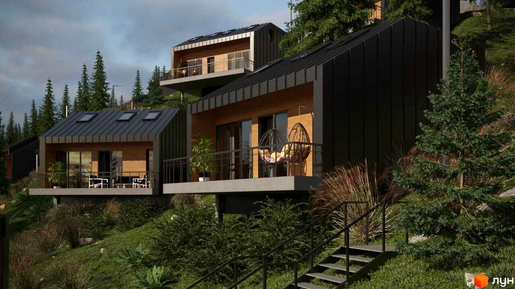 Котеджне містечко LISNOVA: сучасні будинки з чорним фасадом, дерев'яними елементами та балконами на схилі гори, оточені зеленню та деревами.