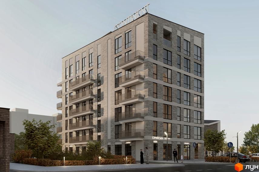 Зовнішній вигляд житлового комплексу CONTINENT CLUB з сірої цегли з балконами та великими вікнами. Навколо будинку зелені насадження та тротуар.