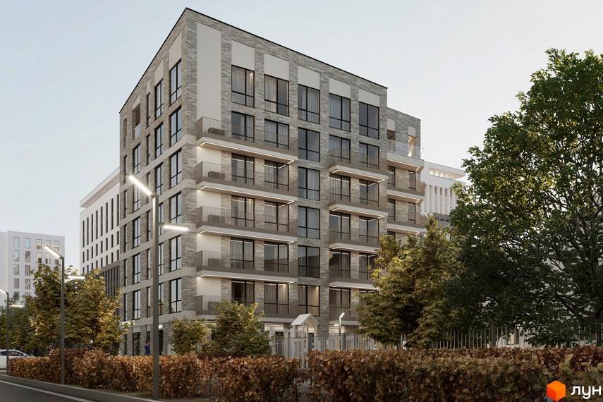 Зовнішній вигляд житлового комплексу CONTINENT CLUB з сірою цегляною облицовкою та балконами, оточений деревами та кущами.