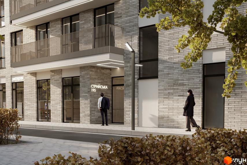 Фасад житлового комплексу CONTINENT CLUB з цегляним оздобленням та великими вікнами. Поруч тротуар та зелені насадження.