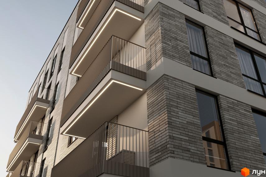 Зовнішній вигляд житлового комплексу CONTINENT CLUB з цегляним фасадом та балконами з підсвіткою. Детальний огляд новобудови.
