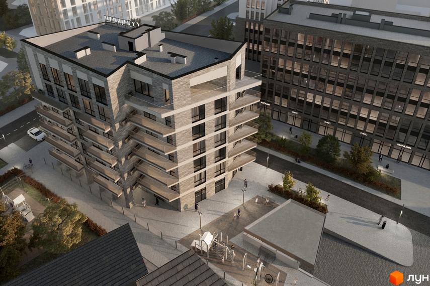 Житловий комплекс CONTINENT CLUB з сірою цегляною фасадною обробкою та численними балконами, поруч дитячий майданчик та доглянута прибудинкова територія.