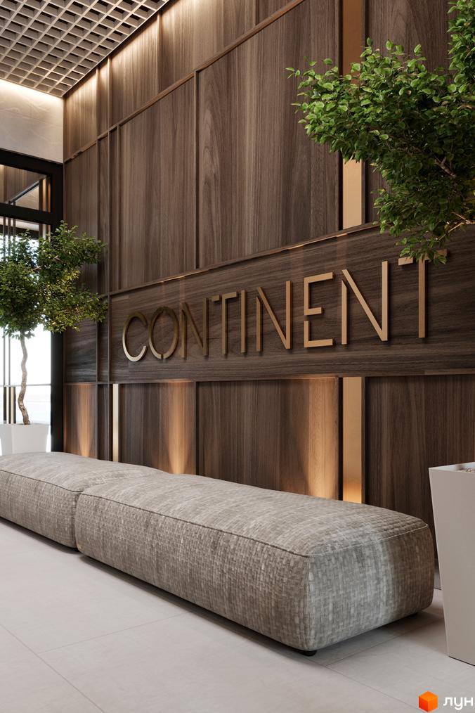 Інтер'єр житлового комплексу CONTINENT CLUB з дерев'яними панелями та рослинами. Сучасний дизайн та комфорт для мешканців.