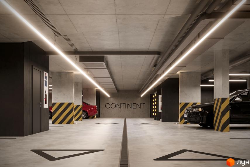 Підземний паркінг ЖК CONTINENT CLUB з сучасним освітленням та паркувальними місцями. Бетонні колони та стіни створюють індустріальний вигляд.