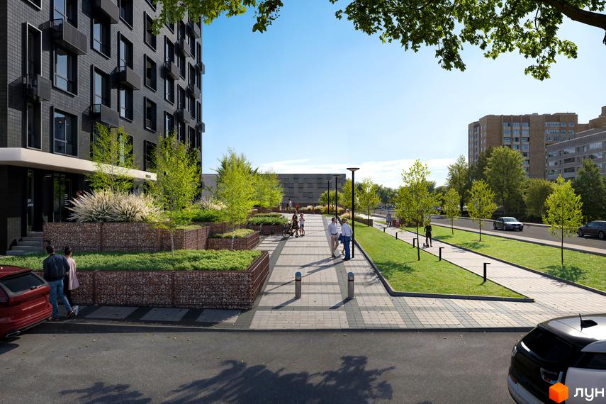 Зовнішній вигляд будинку житлового комплексу Kub29 з прибудинковою територією, що включає зелені зони, доріжки та місця для відпочинку.