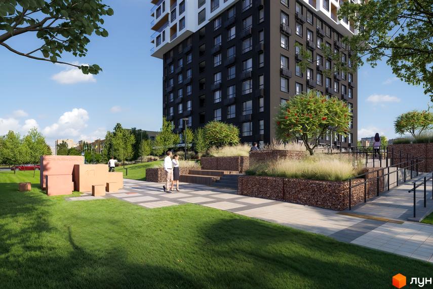 Kub29 - новобудова з чорним фасадом та білими верхніми поверхами. На прибудинковій території розташовані зелені зони, ландшафтний дизайн та місця для відпочинку.