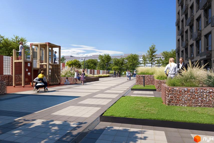 Сучасний житловий комплекс Kub29 з дитячим майданчиком та зонами відпочинку для мешканців. На території розташовані озеленені зони з габіонами та зручні доріжки для прогулянок.