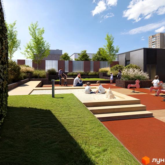 Зображення сторінки житлового комплексу Kub29 з дитячим майданчиком та зоною відпочинку. На території комплексу є пісочниця, гойдалки та зелені насадження.