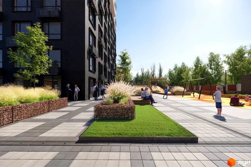 Зображення житлового комплексу Kub29. Висотна будівля з темним фасадом, поруч облаштована прибудинкова територія з газоном та дитячим майданчиком.