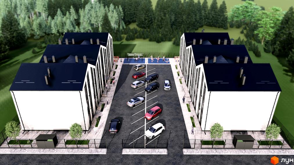 Новобудова ЖК Волошковий двір з білими фасадами та темними дахами, з паркінгом та спортивним майданчиком на прибудинковій території.