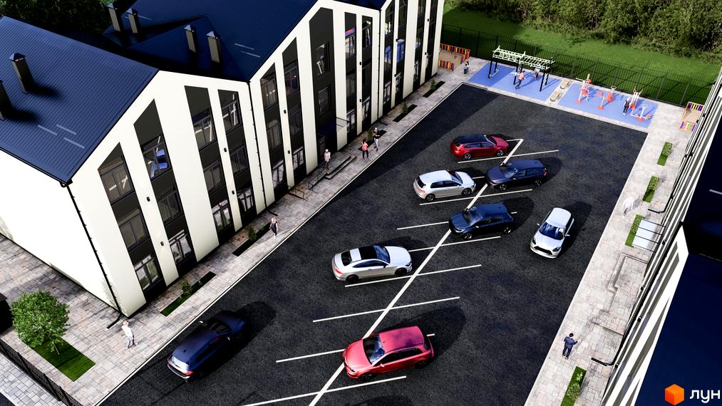 Новобудова ЖК Волошковий двір з чорно-білим фасадом та великими вікнами, облаштований паркінг та спортивний майданчик.