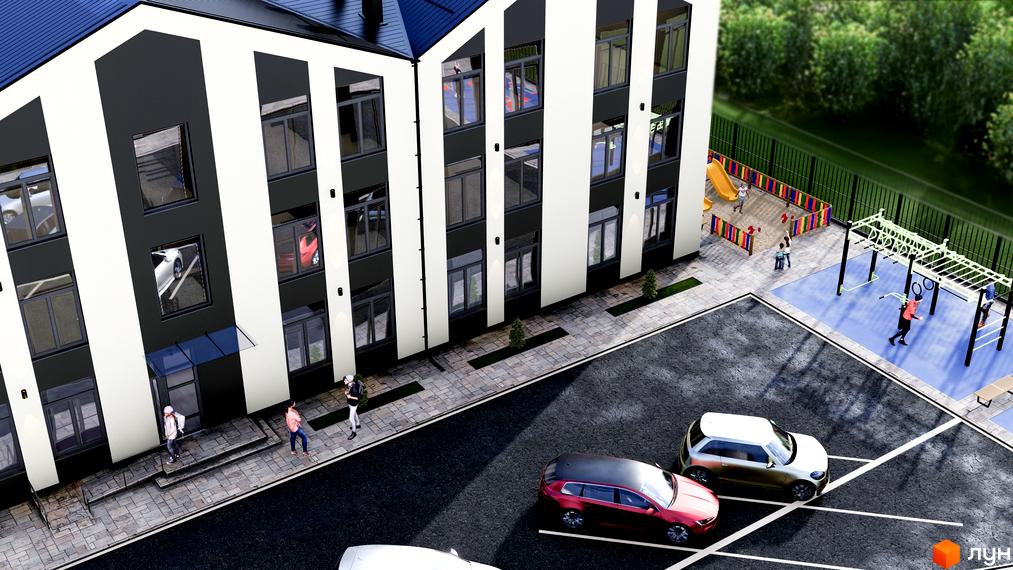 Будинок ЖК Волошковий двір з біло-чорним фасадом та прибудинковою територією з дитячим та спортивним майданчиками.