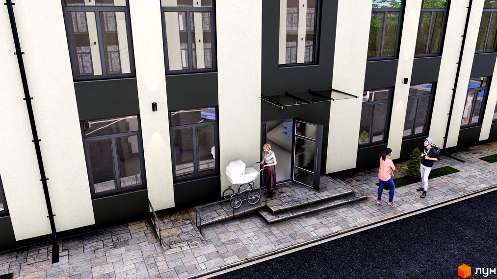 Зовнішній вигляд новобудови ЖК Волошковий двір з фасадом з білої та сірої плитки та вхідною групою. Поруч з будинком розташована прибудинкова територія з бруківкою та зеленими насадженнями.