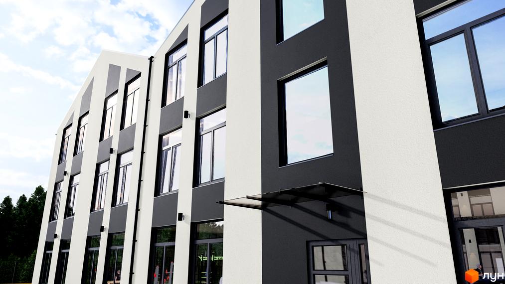 Зовнішній вигляд новобудови ЖК Волошковий двір з панорамними вікнами та сірими та білими фасадами. Навколо будинку зелені дерева та блакитне небо.