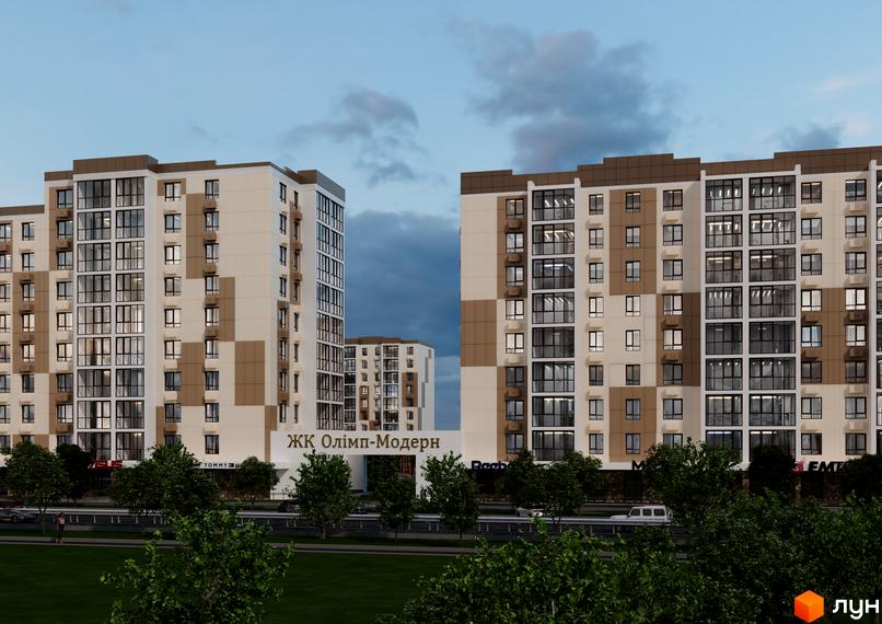 Житловий комплекс Олімп Модерн з фасадами в бежевих та коричневих тонах, багато вікон та кондиціонерів на будівлі. Навколо зелені дерева та дорога.