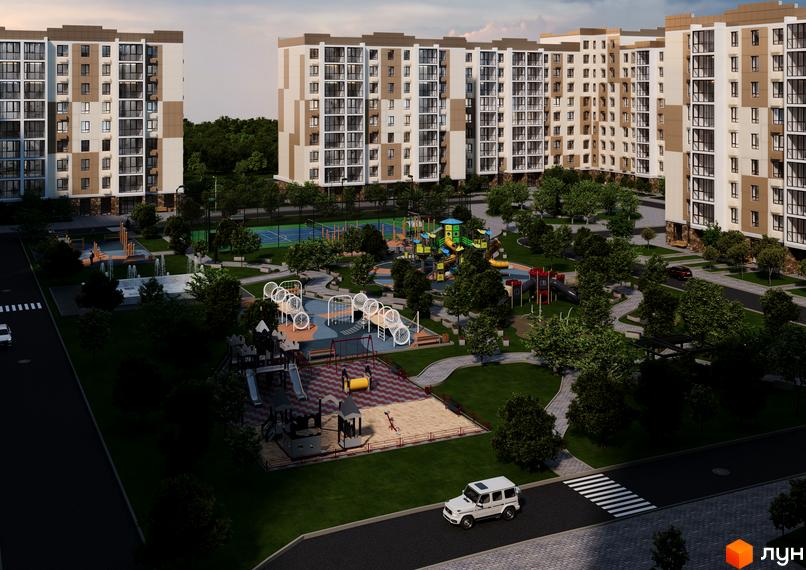 Житловий комплекс Олімп Модерн. Зовнішній вигляд будівель та прибудинкова територія з дитячими майданчиками та зонами відпочинку.