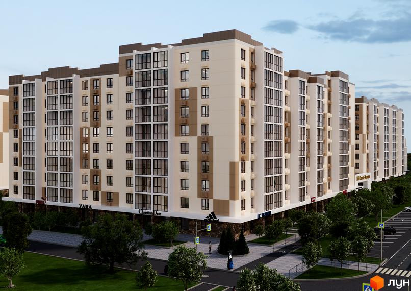 Зовнішній вигляд новобудови ЖК Олімп Модерн з численними вікнами та балконами, прибудинкова територія з деревами та парковкою.