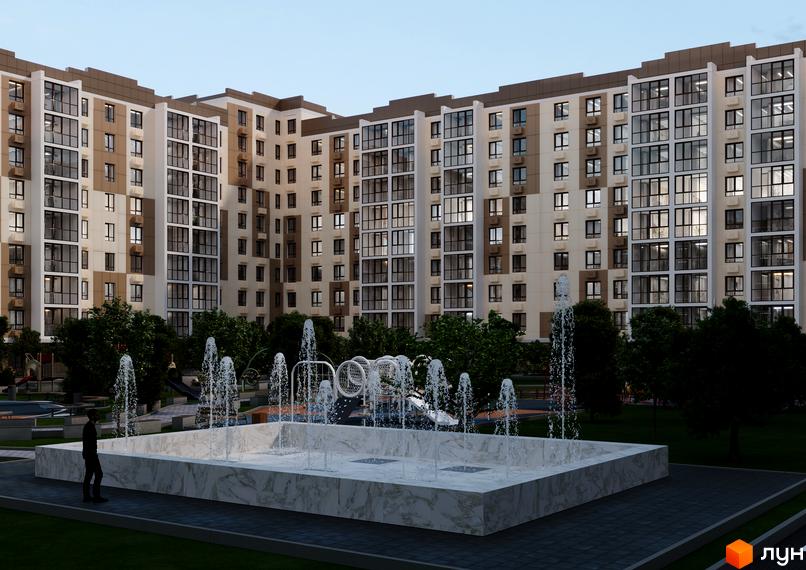 Житловий комплекс Олімп Модерн з фонтаном та дитячим майданчиком. Сучасна архітектура новобудови з великою кількістю вікон та балконів.