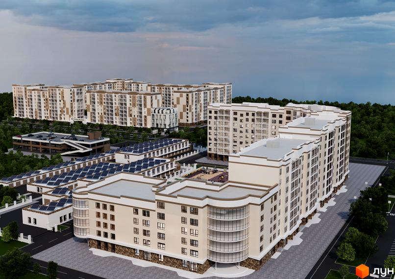 Житловий комплекс Олімп Модерн з фасадами бежевого та коричневого кольорів, великою кількістю вікон та балконів, з прибудинковою територією, що включає паркінг та зелені зони.