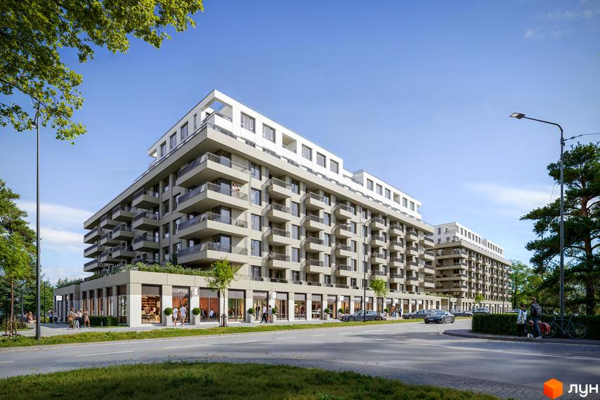 Житловий комплекс MARVEL Home з багатоповерховим будинком, балконами та магазинами на першому поверсі. Поруч дорога, тротуар та зелені дерева.