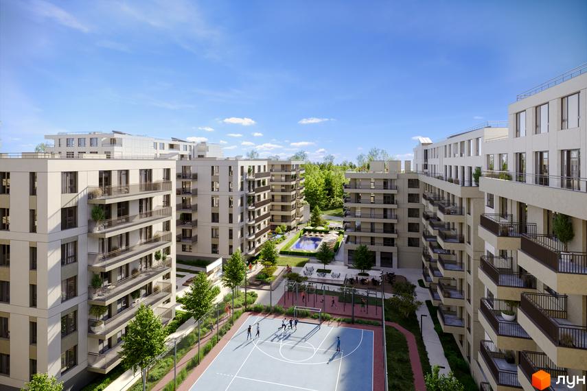 Вигляд на Житловий комплекс MARVEL Home: світлі багатоповерхові будинки з балконами, спортивний майданчик та басейн у дворі.