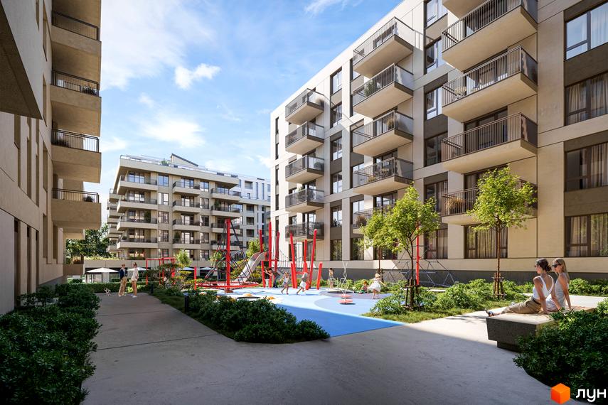 Багатоповерхові будинки Житлового комплексу MARVEL Home з балконами та облаштованою прибудинковою територією з дитячим майданчиком.
