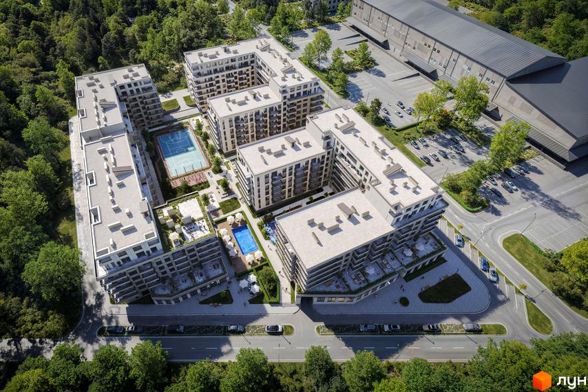 Житловий комплекс MARVEL Home з багатоповерховими будинками світлого кольору та балконами. На території розташовані спортивний майданчик, басейн та зелені зони.