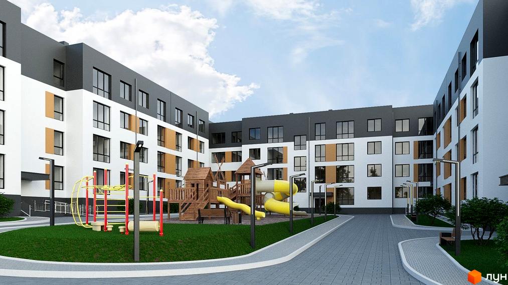 Зовнішній вигляд житлового комплексу Dream City з білими та сірими фасадами, великими вікнами та дитячим майданчиком на прибудинковій території. Комплекс має сучасний дизайн та зелену зону для відпочинку.