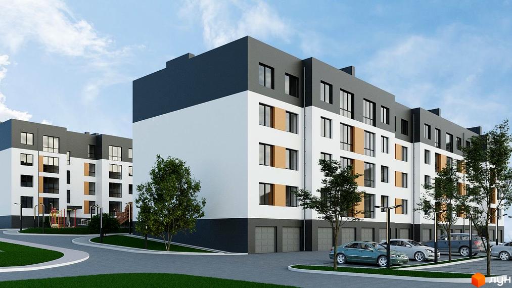 Житловий комплекс Dream City: фасади будівель з білими та сірими елементами, панорамними вікнами та індивідуальними гаражами. На прибудинковій території розташовані дитячий майданчик, дерева та парковка з автомобілями.