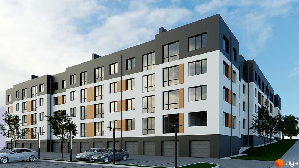 Зовнішній вигляд житлового комплексу Dream City з білою та сірою фасадною частиною, великими вікнами та прибудинковою територією з парковкою та деревами.