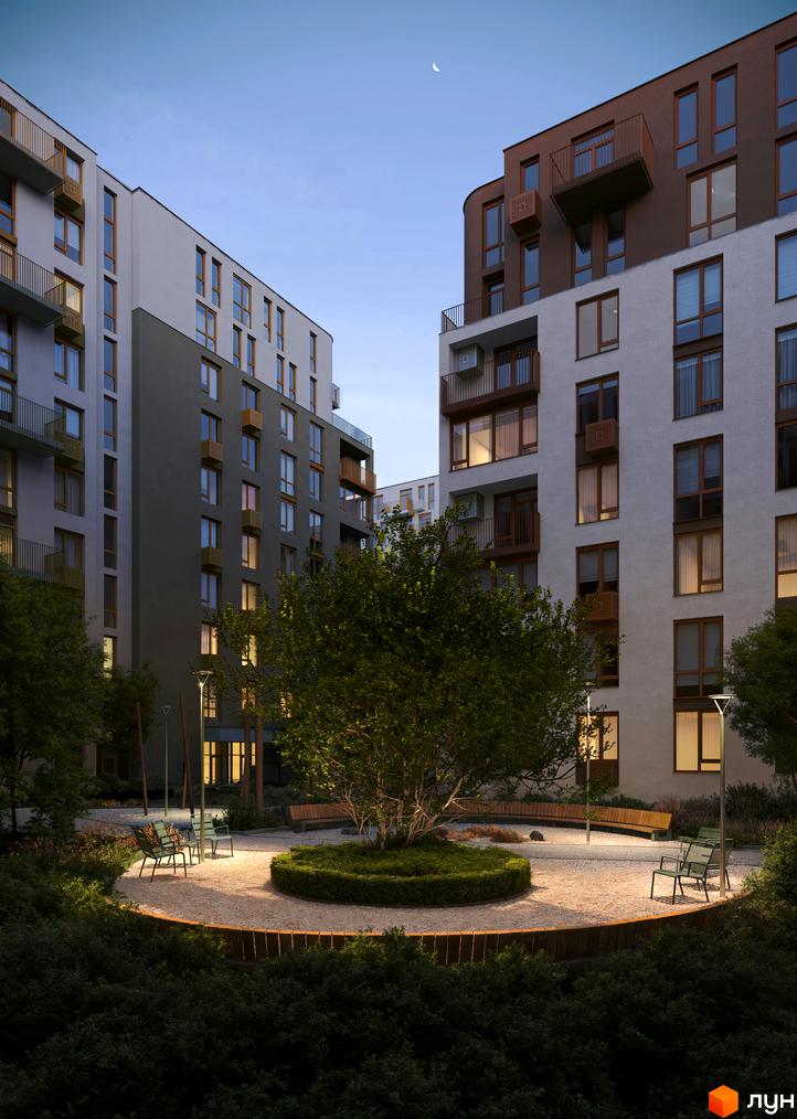 Житловий комплекс Avalon Terra з фасадами в сірих та коричневих тонах, з балконами та великими вікнами. Прибудинкова територія з ландшафтним дизайном, деревами та місцями для відпочинку.