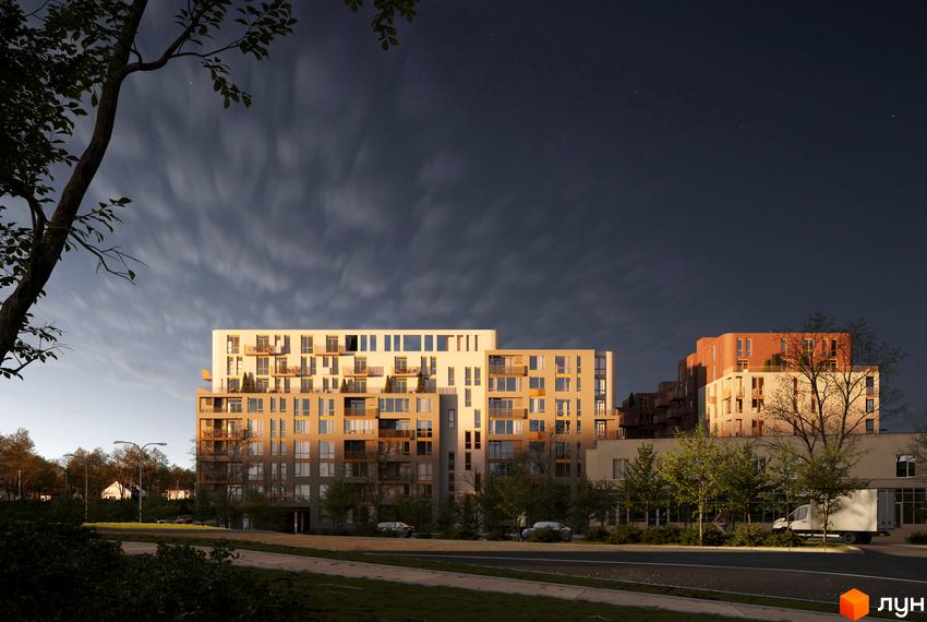 Житловий комплекс Avalon Terra - це багатоповерхова новобудова з балконами та великою кількістю вікон, розташована біля дороги з деревами та автомобілями.