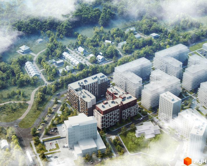 Вид на житловий комплекс Avalon Terra з висоти пташиного польоту, що демонструє сучасні будівлі та зелену прибудинкову територію з деревами та доріжками.