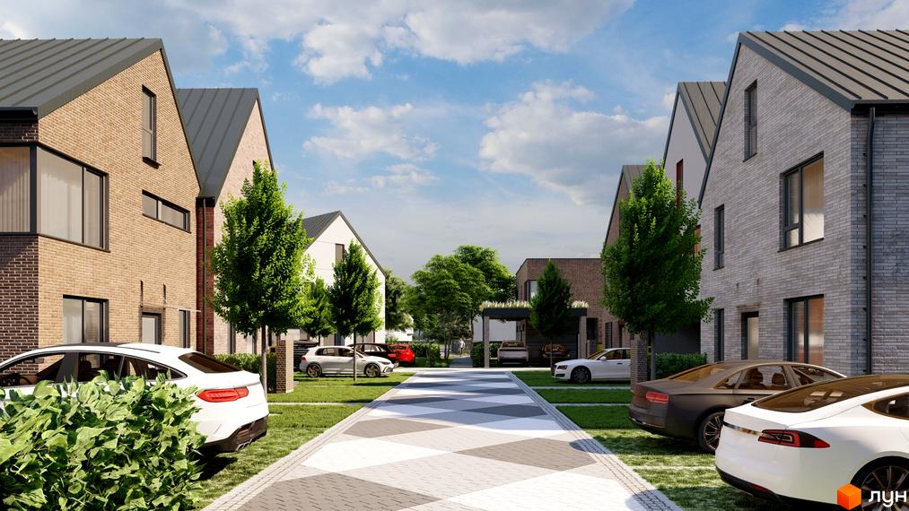 КМ LAGOM: фасади будинків з цегли та металеві дахи, доглянута прибудинкова територія з паркуванням та зеленими насадженнями.