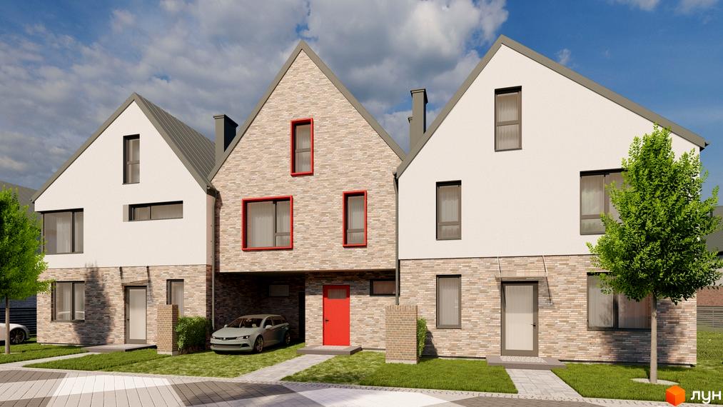 Котеджне містечко LAGOM: фасади будинків з цегляним оздобленням та білою штукатуркою, червоні віконні рами та зелені насадження навколо.