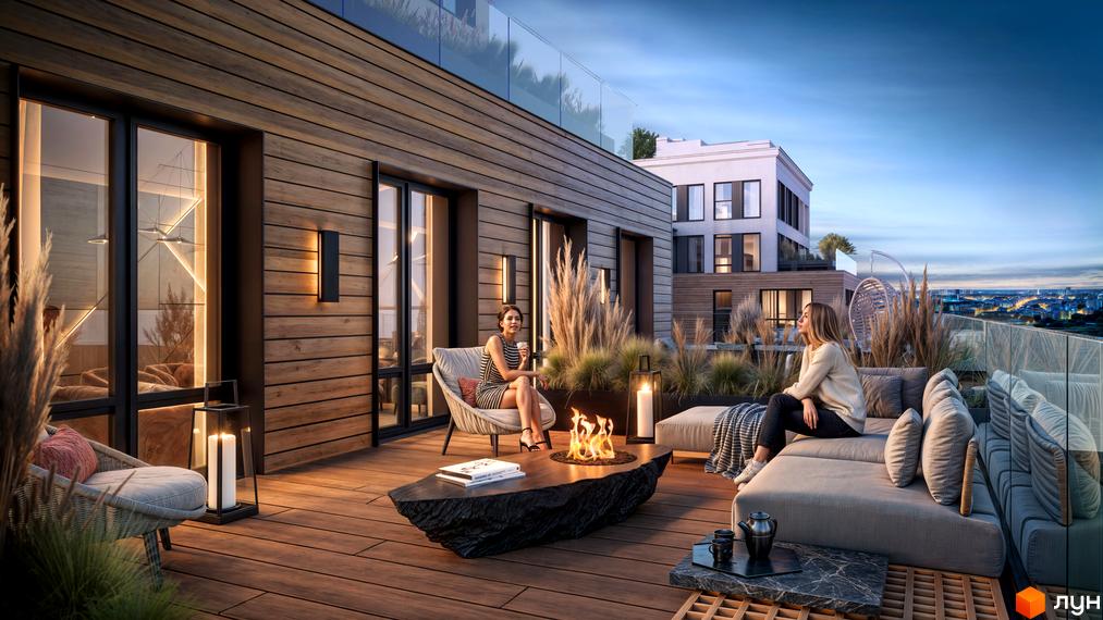Тераса OLEGIV Boutique Residence з відпочиваючими біля вогнища та видом на місто. Сучасний фасад будівлі з дерев'яною обшивкою та великими вікнами.