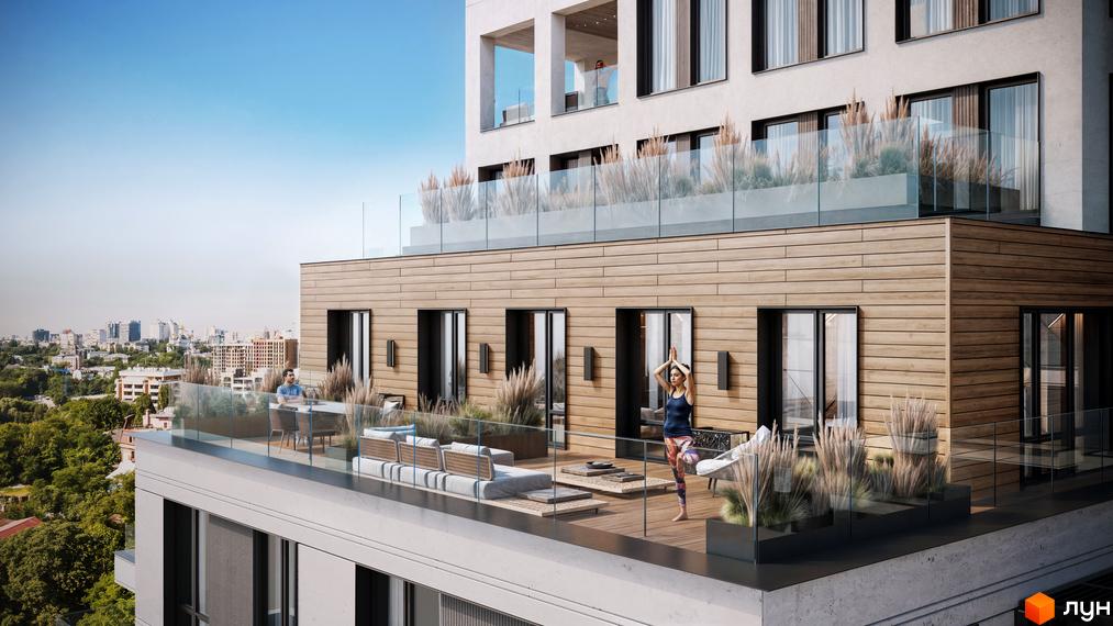 Olegiv Boutique Residence: тераса з меблями та рослинами на тлі міського пейзажу. Зовнішній вигляд будинку з дерев'яним оздобленням та скляними балконами.