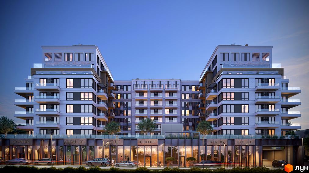 Зовнішній вигляд багатоповерхового житлового комплексу OLEGIV Boutique Residence з комерційними приміщеннями на першому поверсі та автомобілями на дорозі.
