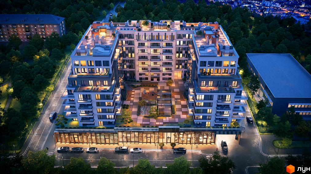 OLEGIV Boutique Residence - багатосекційний будинок з терасами та панорамними вікнами, внутрішній двір з ландшафтним дизайном та дитячим майданчиком.