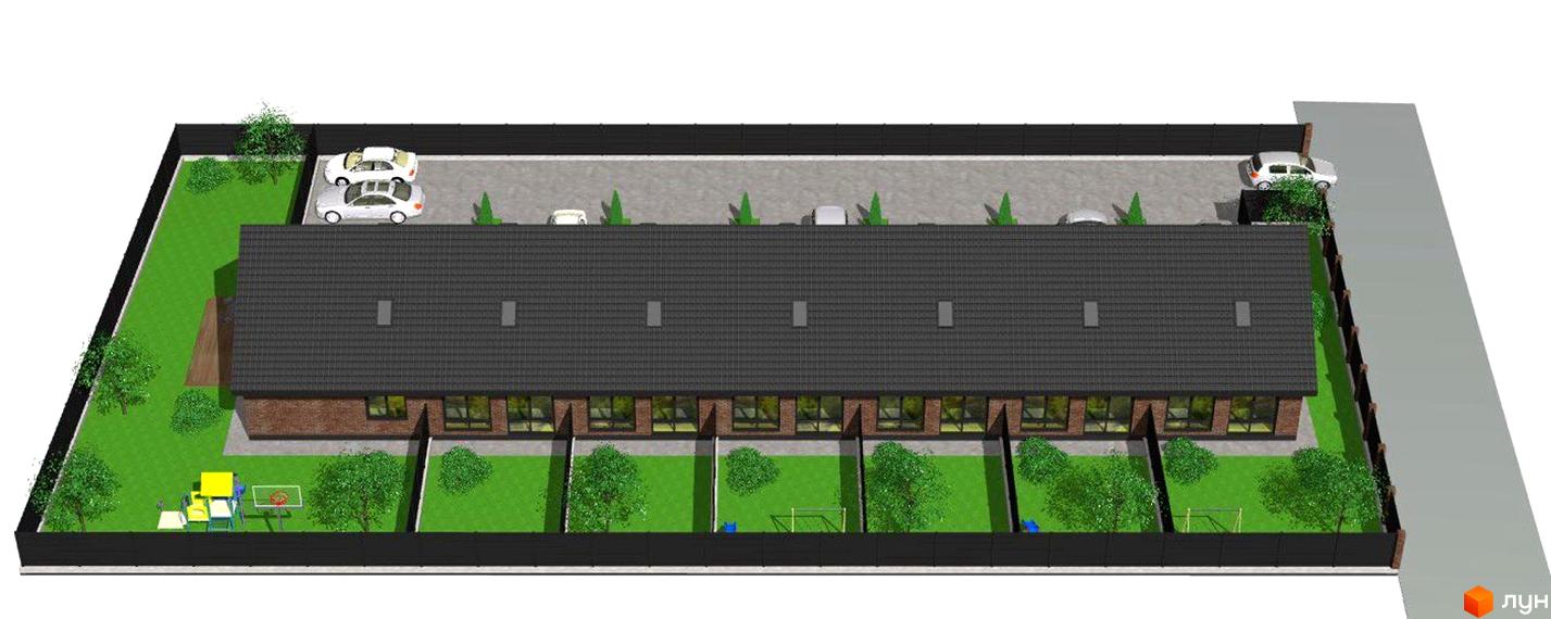 Котеджне містечко Одноповерховий Київ - Гатне. Зовнішній вигляд котеджів з цегляним фасадом та темним дахом, прибудинкова територія з парковкою та зеленими зонами.